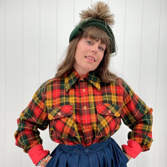 Vintage 70s Kohls Holiday Xmas Wool Plaid Button Down Shirt Dagger Collar | L/XL - Picture 16 of 16